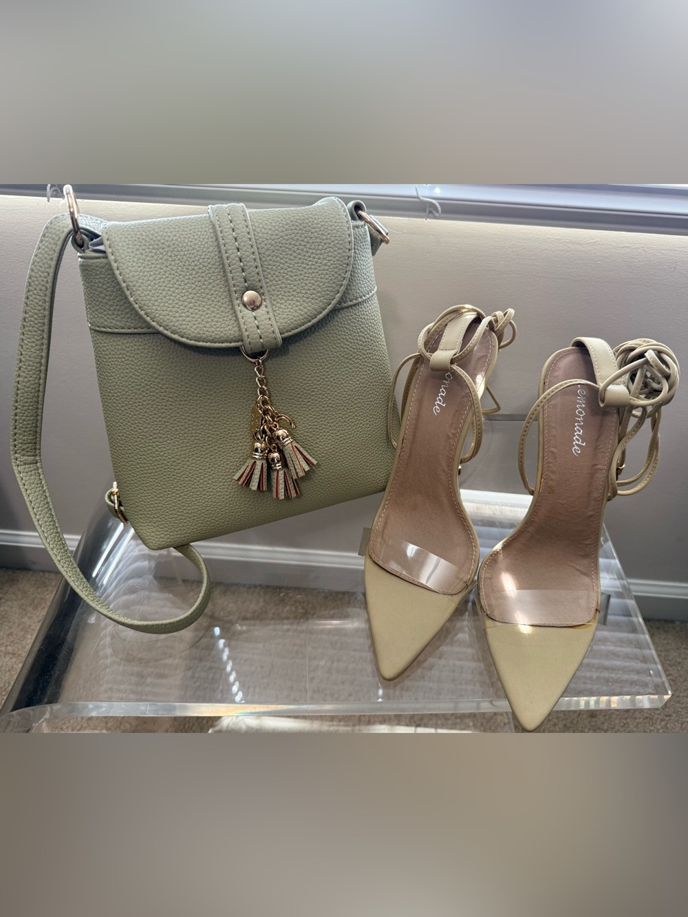 Sage Green  Lemonade Heels Sz 8 + Crossbody Bag with Tassel Charm- gold accents